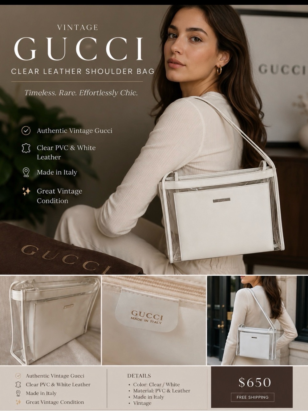 Gucci Clear PVC and White Leather Shoulder Bag